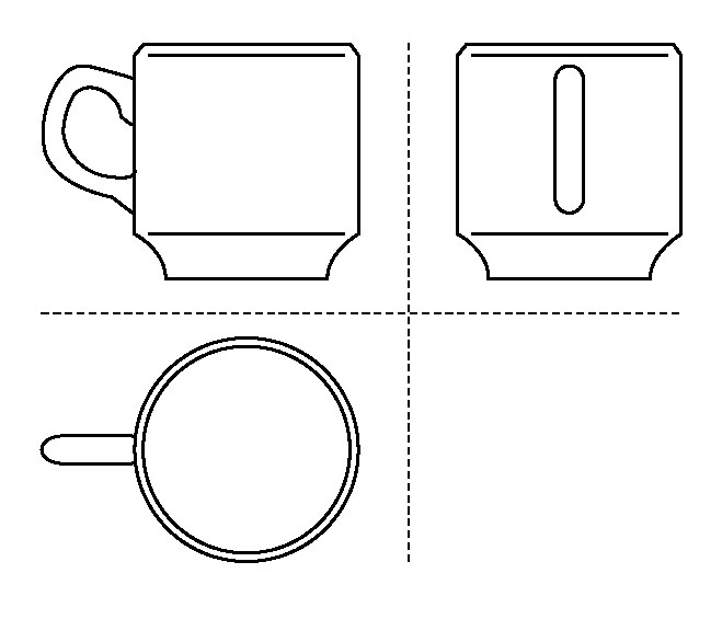 Picture of a drawing of a cup. The page is divided into 4 quadrants. Upper left is from the front, upper right from the side. Lower left from above. Lower right is empty.