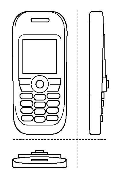 Mobile telephone from the front  (upper left drawing), from the side (upper right) and from above (lower left).